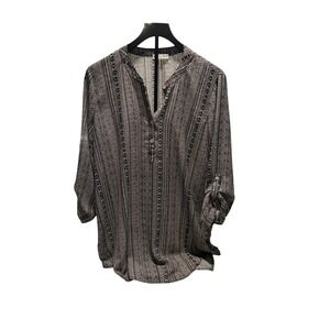 About Girl Womens XL Black Brown Geometric Tribal Print Henley Tunic Blouse
